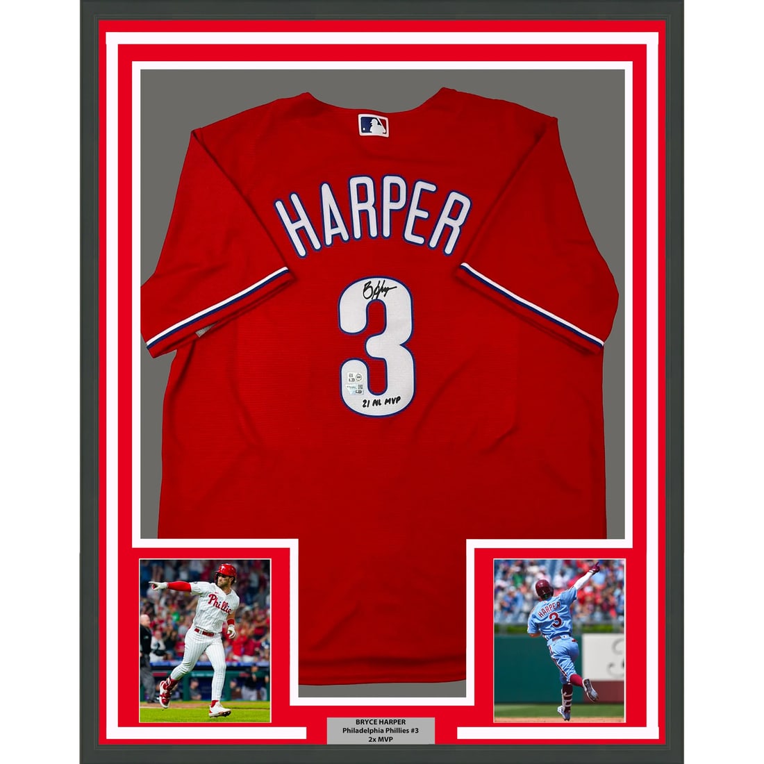 Framed Bryce Harper Signed 2021 NL MVP Jersey with Fanatics COA: Framed Bryce Harper Signed 2021 NL MVP Jersey with Fanatics COA Celebrate the achievements of Bryce Harper with this professionally framed and autographed 33x42 jersey commemorating his 2021 NL MVP aw