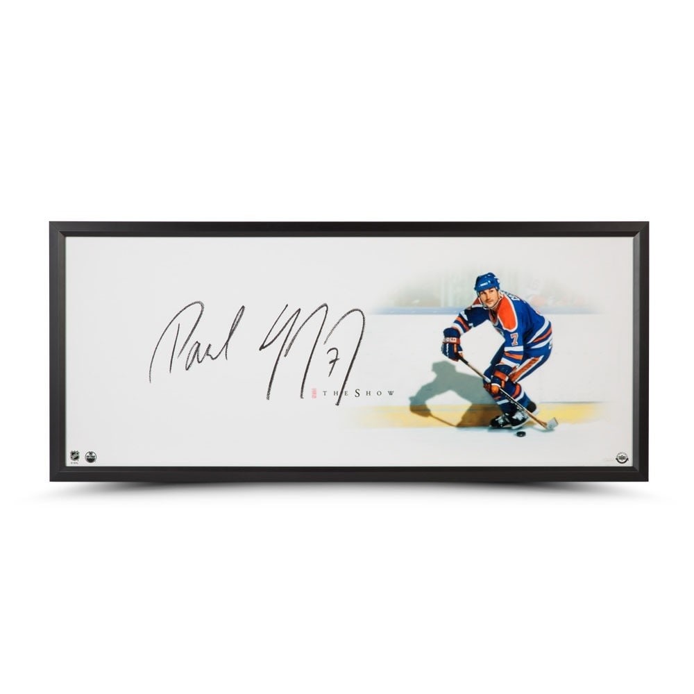 Paul Coffey Autographed 20x46 Framed Photo Edmonton Oilers Upper Deck: Paul Coffey Autographed 20x46 Framed Photo Edmonton Oilers Upper Deck This stunning 20" x 46" framed photo features Paul Coffey, a legendary player of the Edmonton Oilers. The photo is an original pie