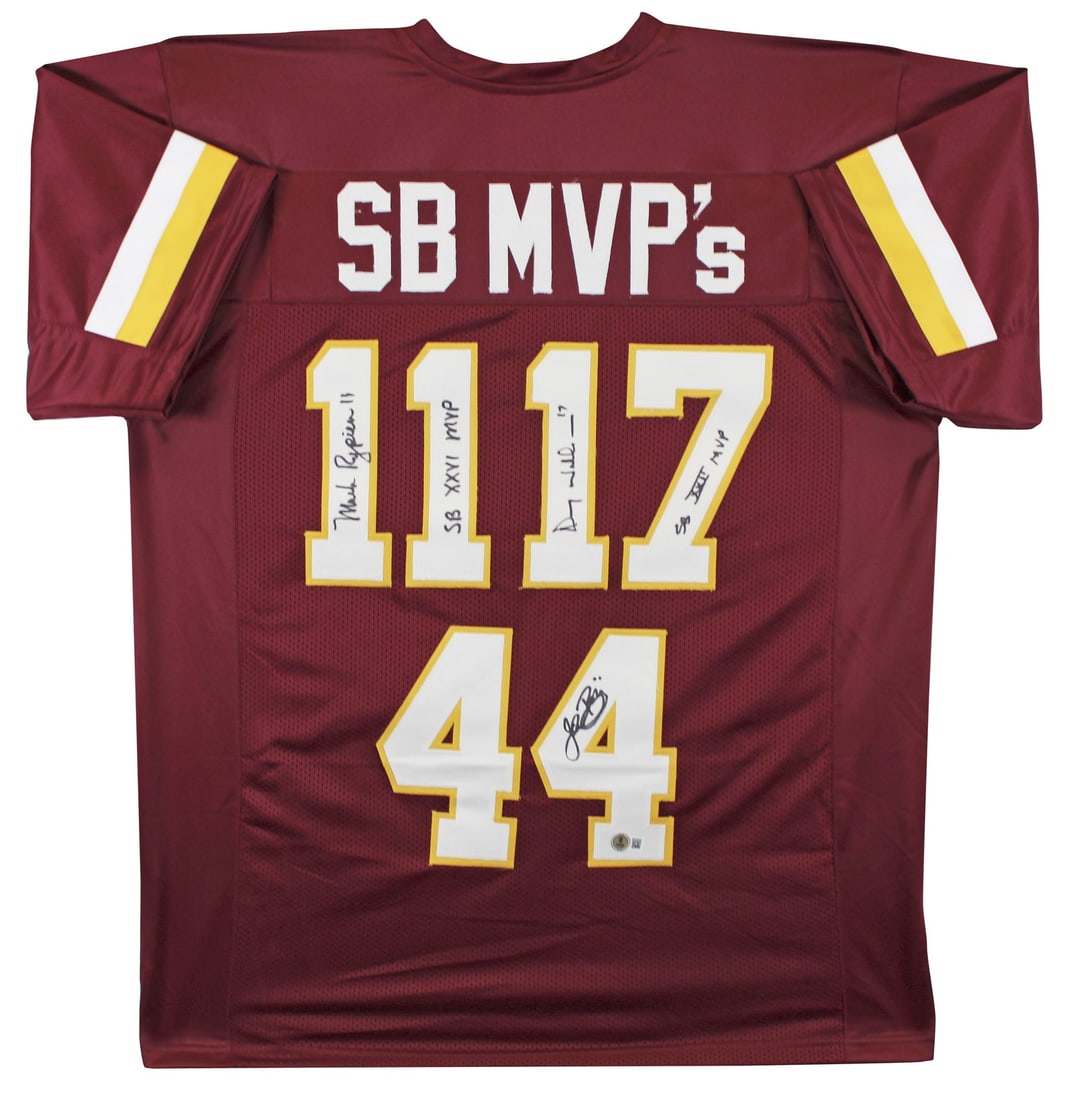 Doug Williams Mark Rypien John Riggins Signed Redskins Jersey BAS Authenticated: Doug Williams Mark Rypien John Riggins Signed Redskins Jersey BAS Authenticated This autographed maroon pro-style jersey features the signatures of Super Bowl MVPs Doug Williams, Mark Rypien, and John