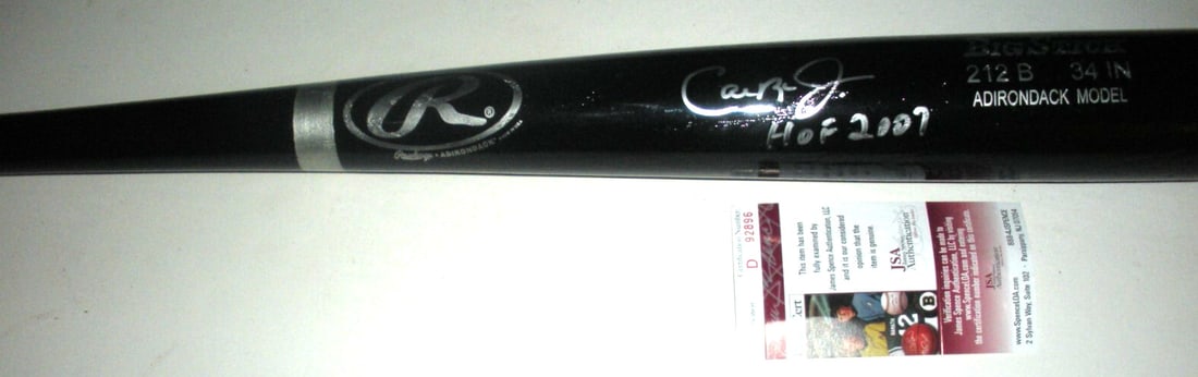 Signed Cal Ripken Big Stick Bat with JSA COA and Orioles Hall of Fame Inscription: Signed Cal Ripken Big Stick Bat with JSA COA and Orioles Hall of Fame Inscription This is a pre-owned Rawlings Big Stick bat signed by Cal Ripken of the Baltimore Orioles, Hall of Fame inductee in 200