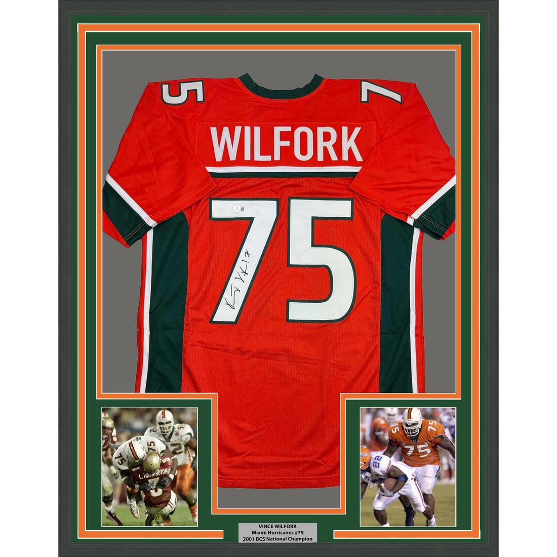 Vince Wilfork Signed Framed Miami Hurricanes Jersey 35x39 With Beckett COA: Vince Wilfork Signed Framed Miami Hurricanes Jersey 35x39 With Beckett COA This framed display features an original Miami Hurricanes orange jersey autographed by Vince Wilfork. The jersey is professio