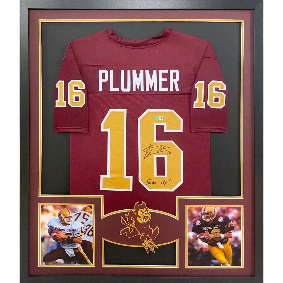 Framed Arizona State Jersey Signed by Jake Plummer Beckett Authenticated: Framed Arizona State Jersey Signed by Jake Plummer Beckett Authenticated This framed Arizona State jersey is autographed by Jake Plummer and comes with Beckett authentication, featuring a tamper-proof
