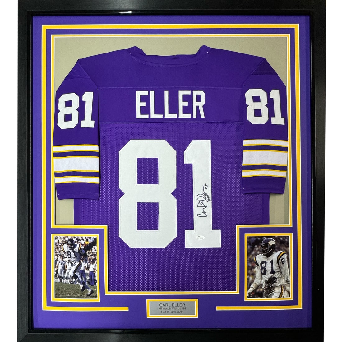 Carl Eller signed Vikings purple jersey framed JSA COA 35x39: Carl Eller signed Vikings purple jersey framed JSA COA 35x39 This professionally framed and matted Minnesota Vikings purple jersey features the authentic signature of Hall of Famer Carl Eller. The dis