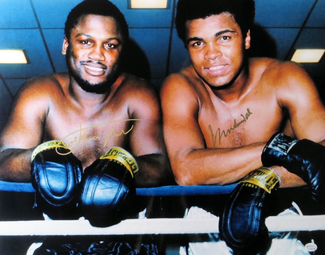 Muhammad Ali Joe Frazier Signed 16x20 Boxing Photo Online Authentics: Muhammad Ali Joe Frazier Signed 16x20 Boxing Photo Online Authentics This stunning 16X20 photo features the legendary Muhammad Ali and Joe Frazier smiling in the boxing ring, capturing a memorable mom