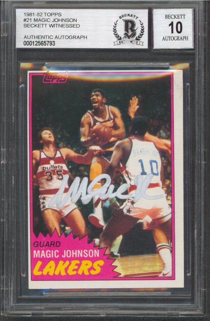 Magic Johnson Signed 1981 Topps #21 Card Gem Mint 10 BAS Slabbed: Magic Johnson Signed 1981 Topps #21 Card Gem Mint 10 BAS Slabbed This is a remarkable 1981 Topps #21 trading card featuring Magic Johnson, personally signed by the legendary Los Angeles Lakers player.