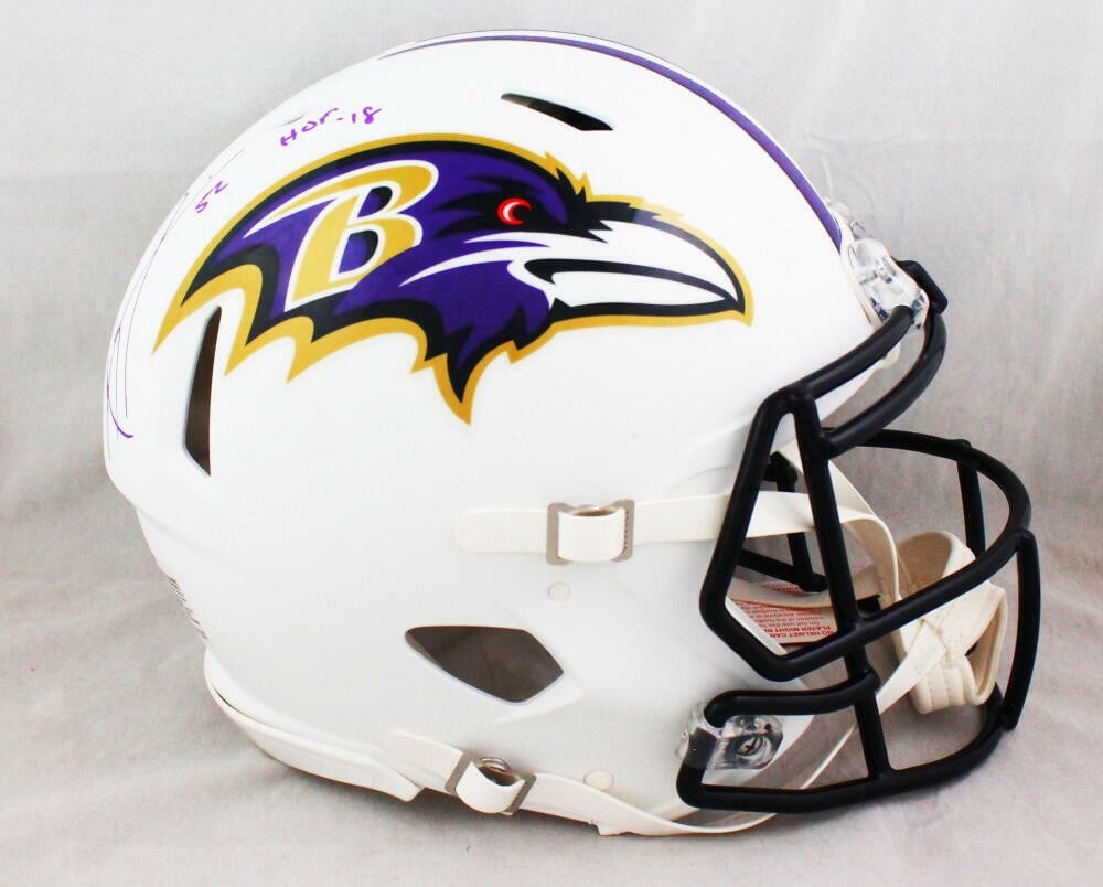 Baltimore Ravens Ray Lewis signed full size white helmet Beckett: Baltimore Ravens Ray Lewis signed full size white helmet Beckett This is an authentic full-size flat white Baltimore Ravens helmet signed by Ray Lewis. The autograph is authenticated by Beckett, ensur