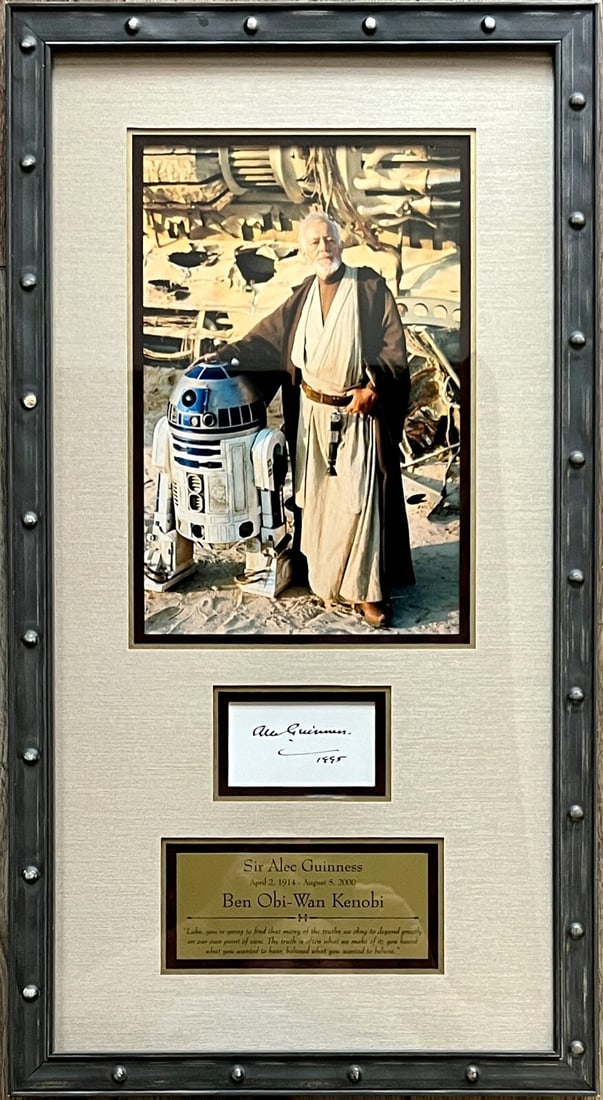 Alec Guinness Signed Obi-Wan Kenobi Display Star Wars Beckett Authenticated: Alec Guinness Signed Obi-Wan Kenobi Display Star Wars Beckett Authenticated This stunning custom framed display features a 3x5 index card signed by Sir Alec Guinness, renowned for his portrayal of Obi
