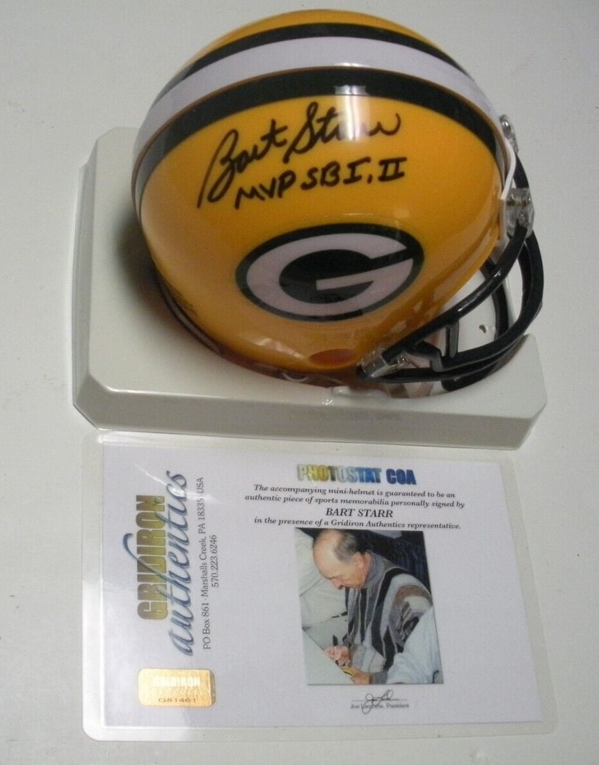 Bart Starr Autographed Green Bay Packers Mini Helmet With COA: Bart Starr Autographed Green Bay Packers Mini Helmet With COA This Green Bay Packers mini helmet is signed by Bart Starr, the legendary Super Bowl MVP. The helmet is an original collectible and comes 