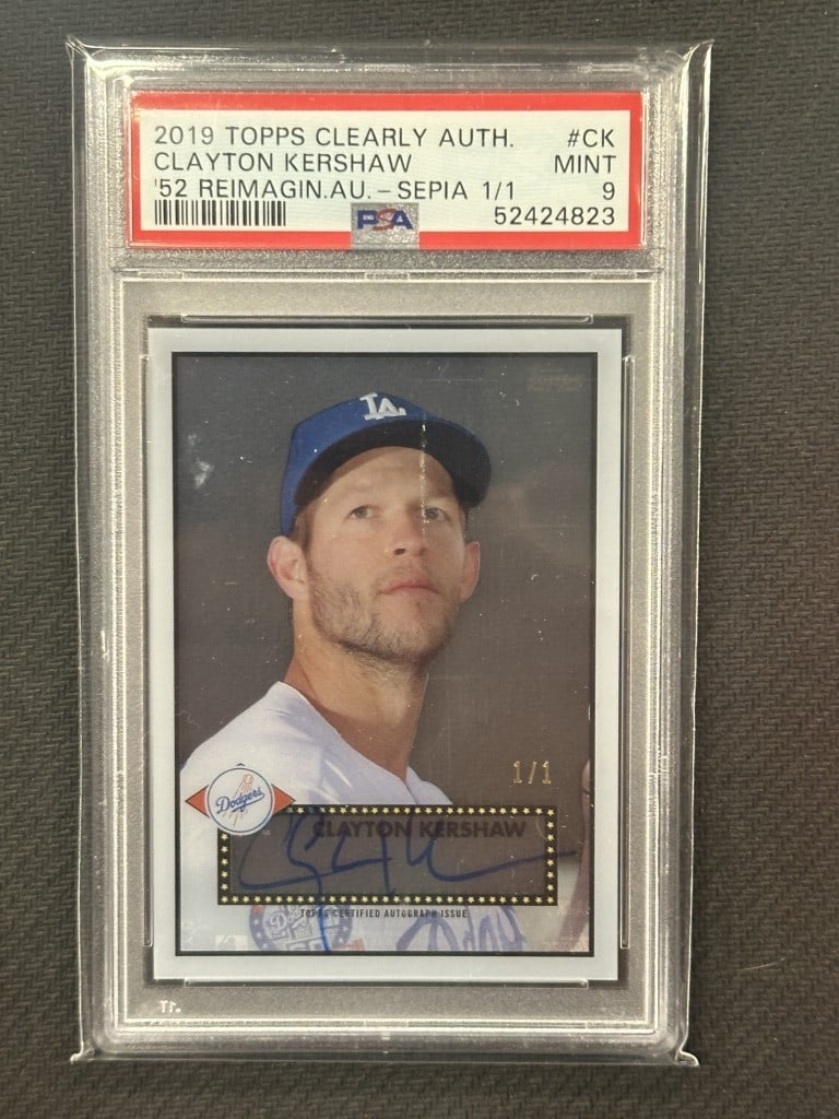 Clayton Kershaw 2019 Topps Clearly Authentic Sepia PSA 9 #CK: Clayton Kershaw 2019 Topps Clearly Authentic Sepia PSA 9 #CK This is a 2019 Topps Clearly Authentic 52 Reimagined Sepia baseball card featuring Clayton Kershaw, a star pitcher for the Los Angeles Dodg