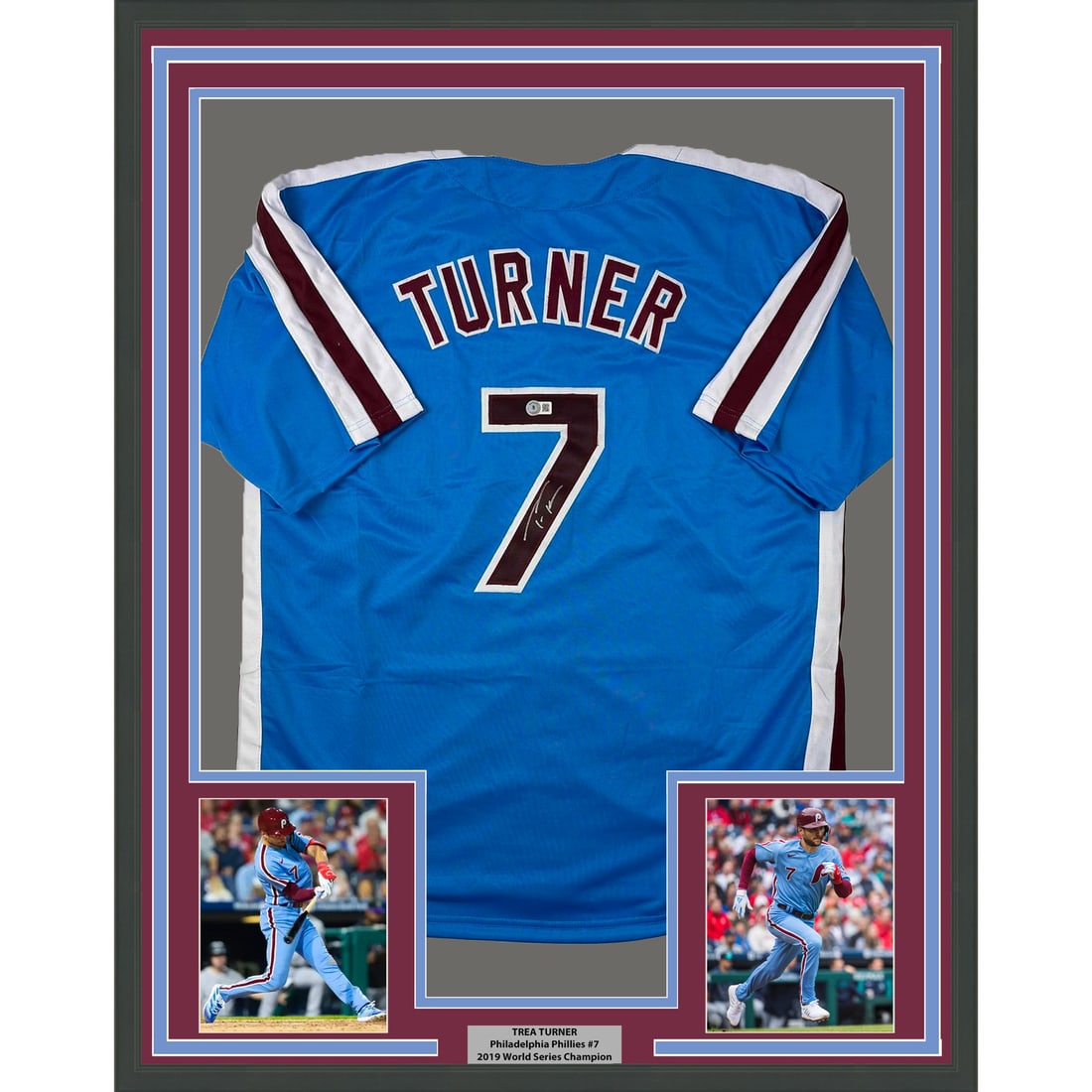 Framed Autographed Trea Turner Blue Retro Jersey with Beckett COA: Framed Autographed Trea Turner Blue Retro Jersey with Beckett COA Showcase your love for baseball with this professionally framed and autographed Trea Turner blue retro jersey, featuring his signature