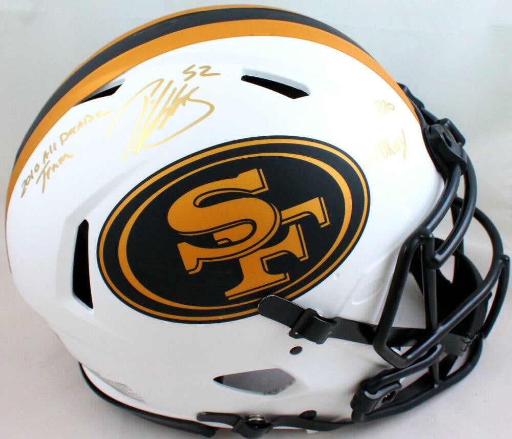 Patrick Willis autographed San Francisco 49ers Lunar FS helmet Beckett hologram: Patrick Willis autographed San Francisco 49ers Lunar FS helmet Beckett hologram This is a San Francisco 49ers Lunar Authentic full-size helmet signed by Patrick Willis. The helmet features three inscr