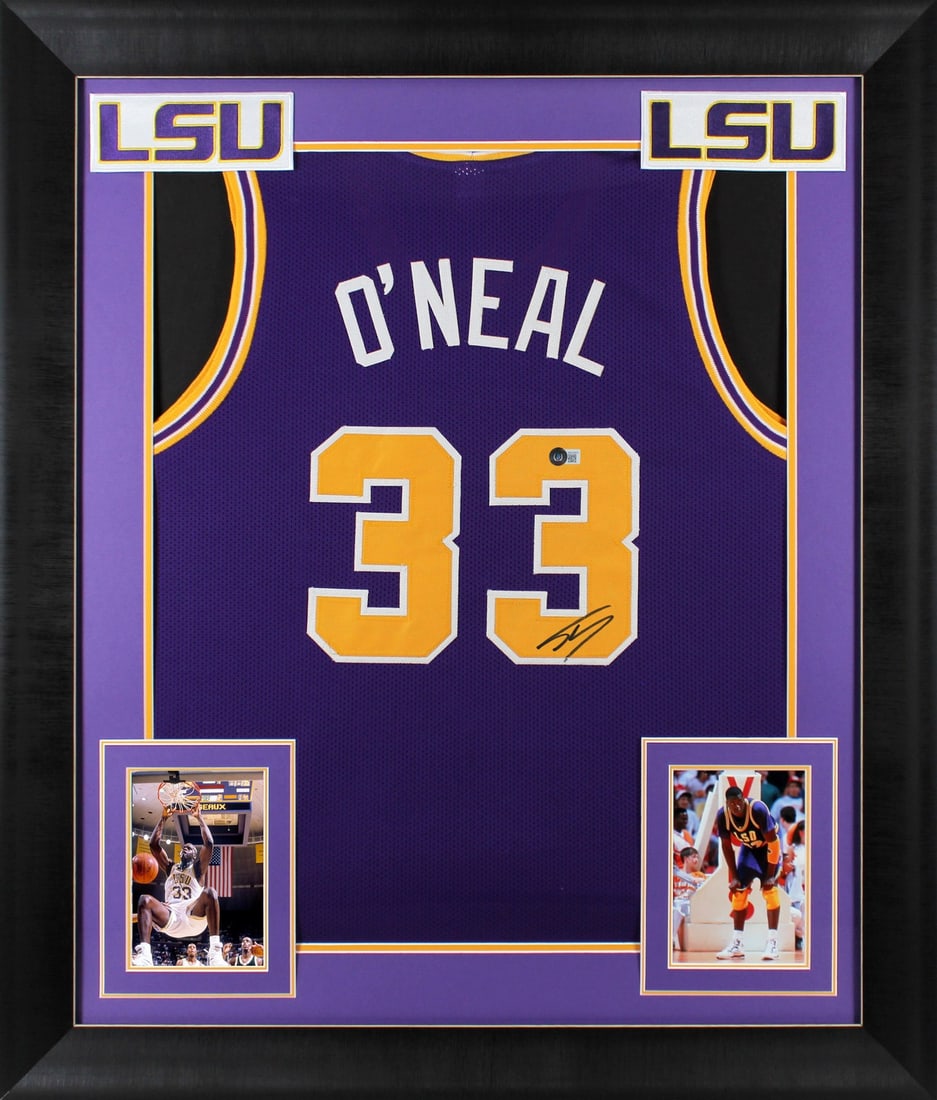 Shaquille O'Neal Signed LSU Purple Pro Style Framed Jersey BAS Witnessed: Shaquille O'Neal Signed LSU Purple Pro Style Framed Jersey BAS Witnessed This autographed purple pro style framed jersey showcases the iconic signature of Shaquille O'Neal, a legendary player from the