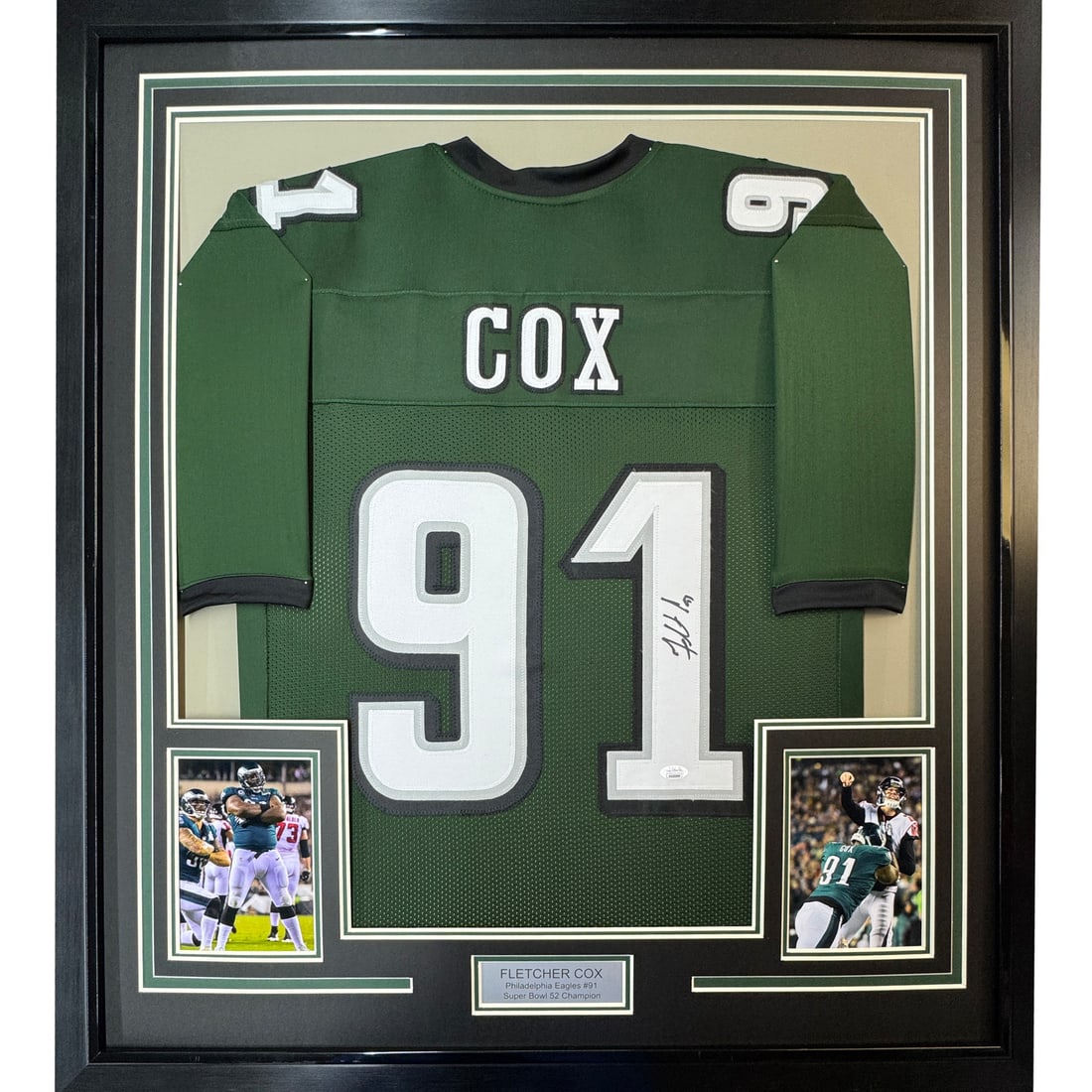 Framed Signed Fletcher Cox 33x42 Eagles Jersey with JSA COA: Framed Signed Fletcher Cox 33x42 Eagles Jersey with JSA COA Celebrate your love for football with this professionally framed and matted autographed Fletcher Cox jersey. This original Philadelphia Eagl