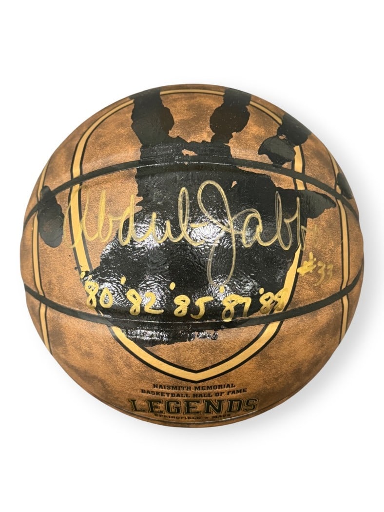 Kareem Abdul-Jabbar Autographed Basketball With Handprint and Championship Years PSA: Kareem Abdul-Jabbar Autographed Basketball With Handprint and Championship Years PSA This is an original basketball autographed by Kareem Abdul-Jabbar, featuring his hand print and inscriptions of his