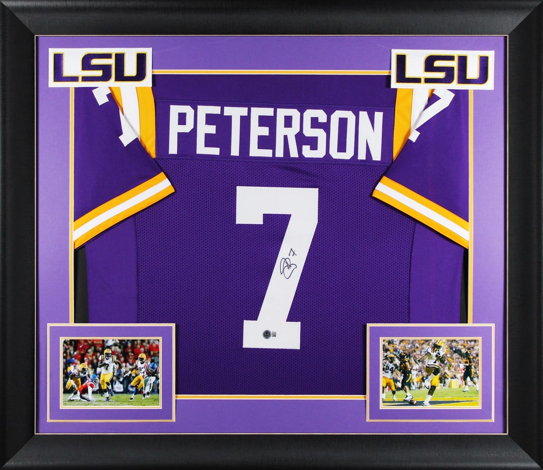 Patrick Peterson Signed Framed Purple Jersey Beckett Witnessed Louisiana State Tigers: Patrick Peterson Signed Framed Purple Jersey Beckett Witnessed Louisiana State Tigers This professionally framed, purple pro style jersey features the authentic signature of Patrick Peterson of the Lo