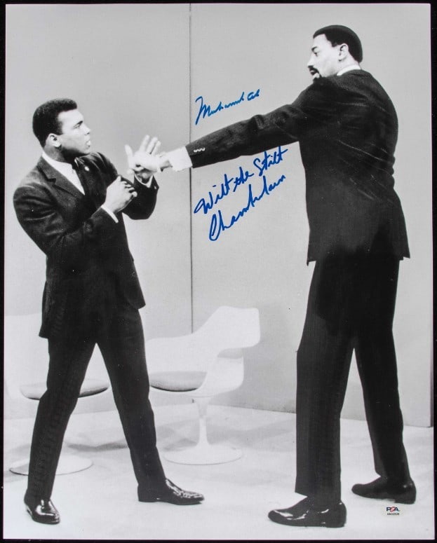 Muhammad Ali Wilt Chamberlain Dual-Signed 16x20 Photo PSA 9.5 LOA: Muhammad Ali Wilt Chamberlain Dual-Signed 16x20 Photo PSA 9.5 LOA This stunning dual-signed 16x20 photograph features the legendary Muhammad Ali and Wilt Chamberlain, both icons in their respective sp
