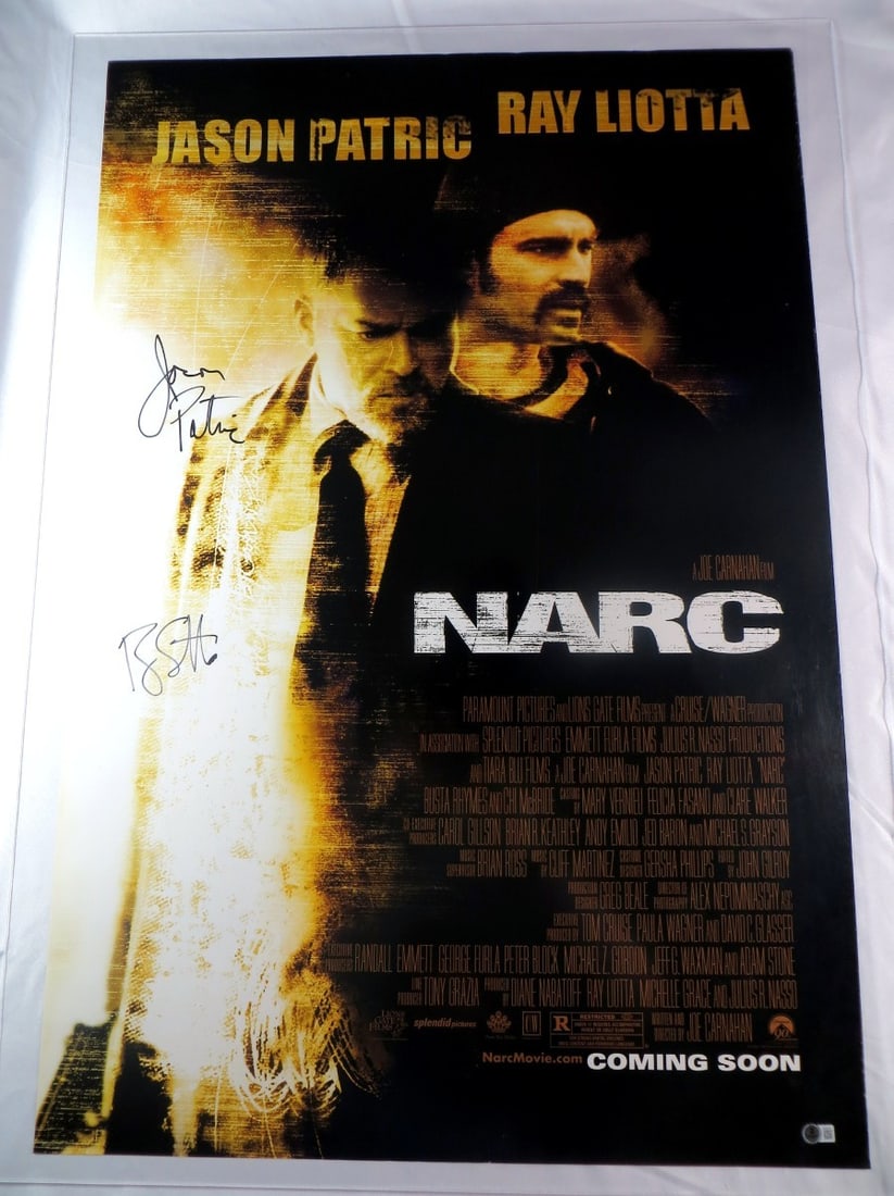 Ray Liotta Jason Patric Autographed 27x40 Poster Narc Beckett Authenticated: Ray Liotta Jason Patric Autographed 27x40 Poster Narc Beckett Authenticated This is an original autographed 27X40 poster featuring Ray Liotta and Jason Patric from the film 'Narc.' The poster has been