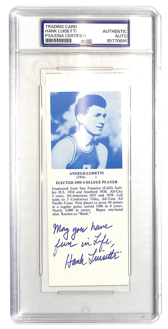Stanford Basketball Hall of Fame Bookmark Signed by Hank Luisetti PSA Authenticated: Stanford Basketball Hall of Fame Bookmark Signed by Hank Luisetti PSA Authenticated This is an original 1968-74 Basketball Hall of Fame bookmark signed by Hank Luisetti. The autograph has been authent