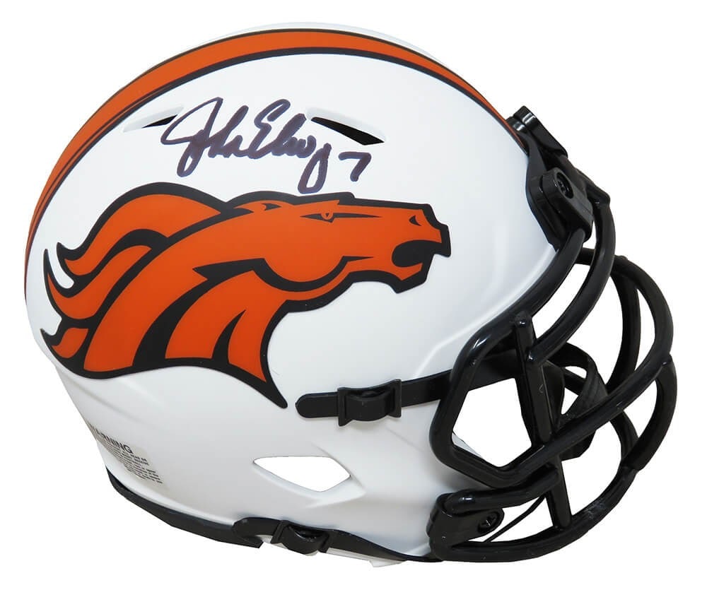 Denver Broncos Lunar Eclipse Mini Helmet Autographed by John Elway with COA: Denver Broncos Lunar Eclipse Mini Helmet Autographed by John Elway with COA This Denver Broncos Lunar Eclipse white matte Riddell Speed mini helmet is hand-signed by John Elway. The collectible comes 