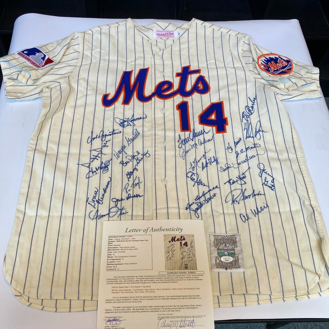 1969 New York Mets Team Signed Jersey with JSA COA: 1969 New York Mets Team Signed Jersey with JSA COA Celebrate the historic 1969 World Series victory of the New York Mets with this original team-signed jersey. Crafted by Mitchell & Ness in size XL, t