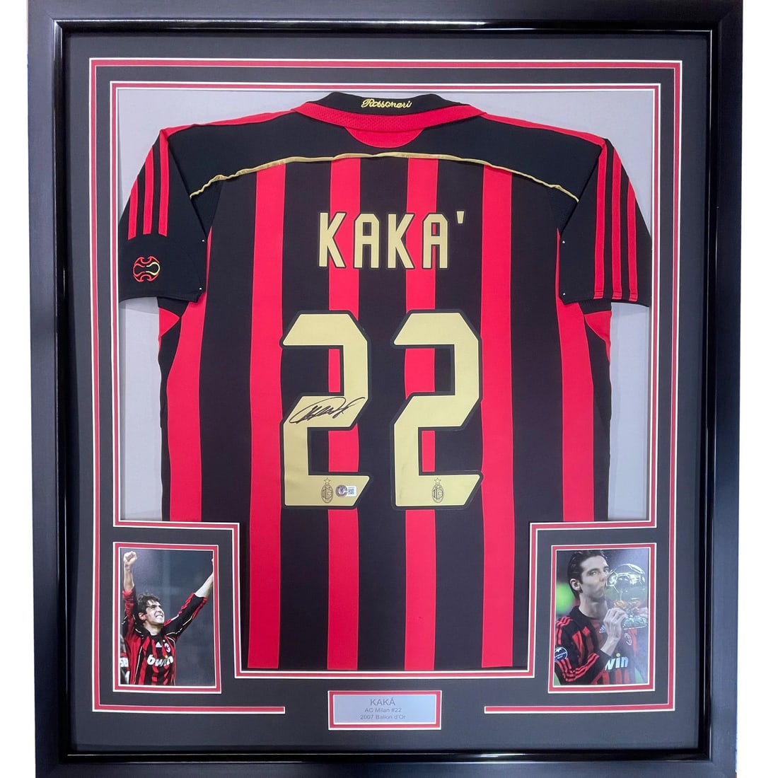 Framed Ricardo Kaka Autographed AC Milan Jersey BAS COA: Framed Ricardo Kaka Autographed AC Milan Jersey BAS COA Celebrate the legacy of Ricardo Kaka with this professionally framed and autographed AC Milan jersey. Measuring 35x39 inches, this striking blac