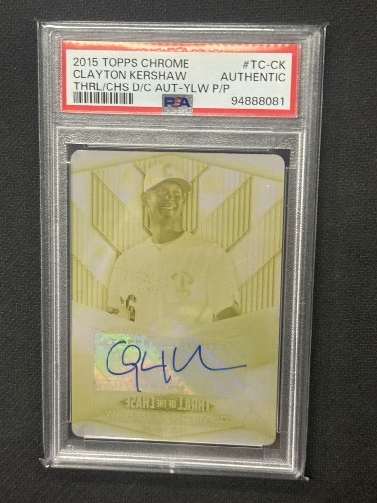 Clayton Kershaw 2015 Topps Chrome Yellow Plate Auto 1/1 PSA Authentic: Clayton Kershaw 2015 Topps Chrome Yellow Plate Auto 1/1 PSA Authentic Own a unique piece of baseball memorabilia with this Clayton Kershaw 2015 Topps Chrome Yellow Plate Auto Baseball Card. This card,