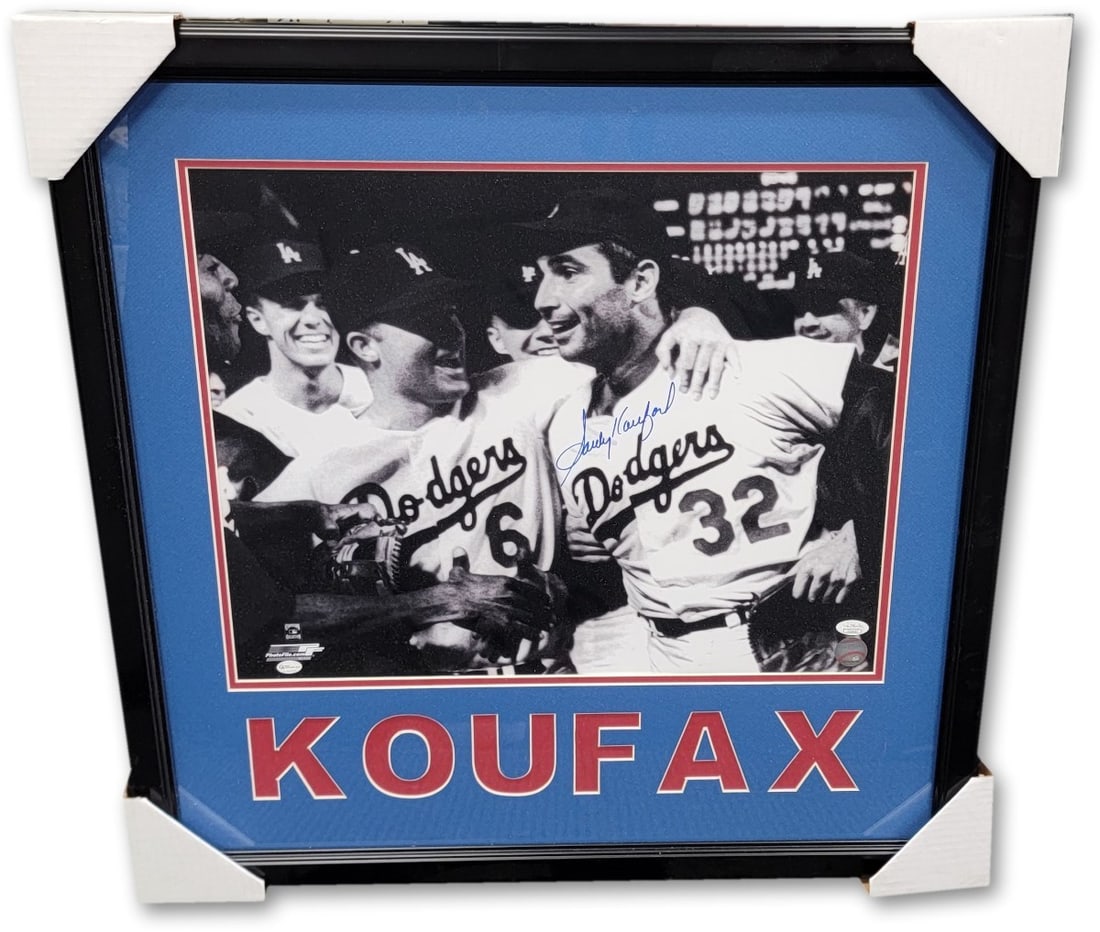Sandy Koufax Autographed Framed Photo Dodgers 24x27 JSA Authenticated: Sandy Koufax Autographed Framed Photo Dodgers 24x27 JSA Authenticated Celebrate the legacy of Sandy Koufax with this stunning autographed framed photo capturing a moment of triumph with the Los Angele