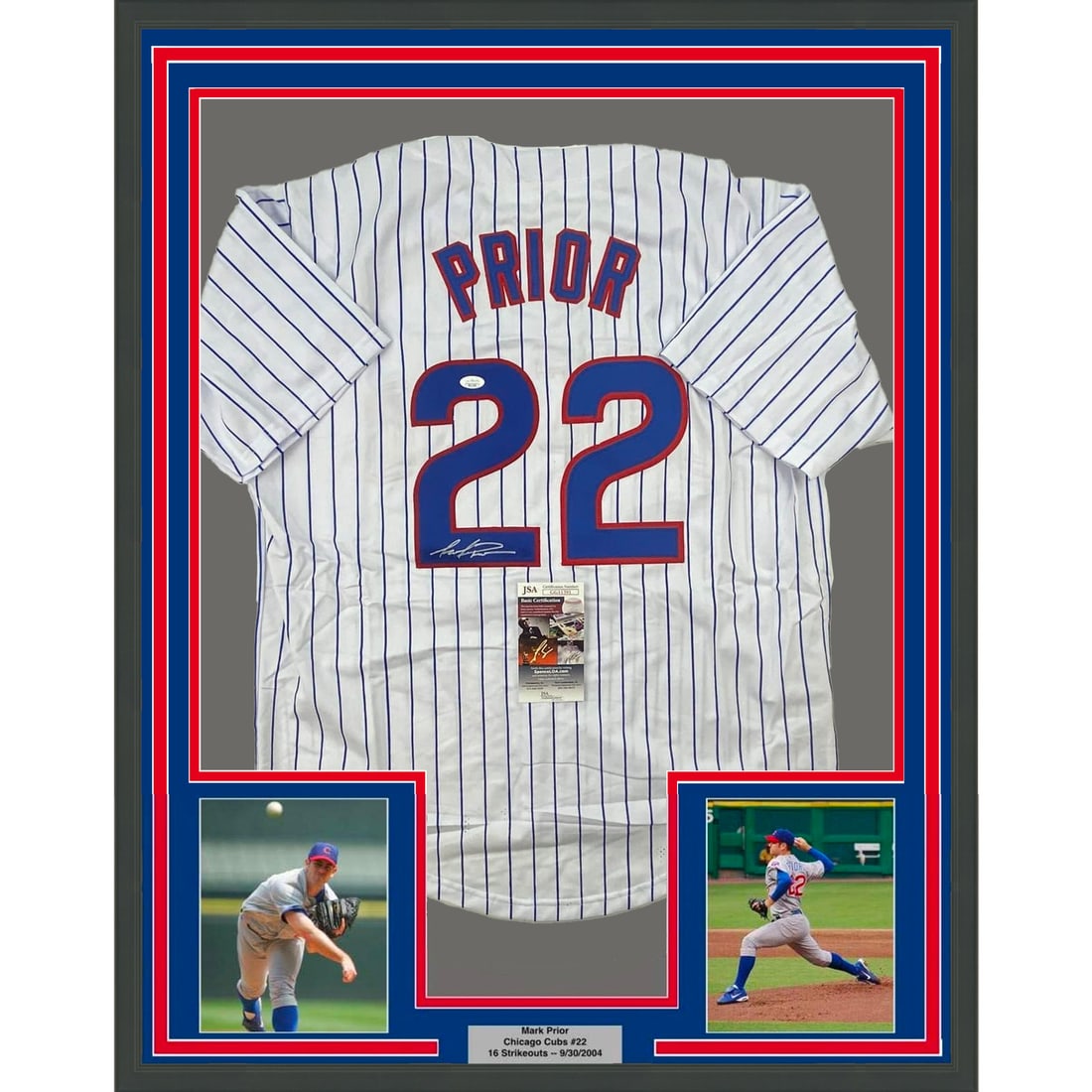 Framed Mark Prior Autographed Chicago Cubs Pinstripe Jersey JSA COA: Framed Mark Prior Autographed Chicago Cubs Pinstripe Jersey JSA COA Celebrate the legacy of Mark Prior with this professionally framed and matted Chicago Cubs pinstripe jersey. This authentic jersey, 