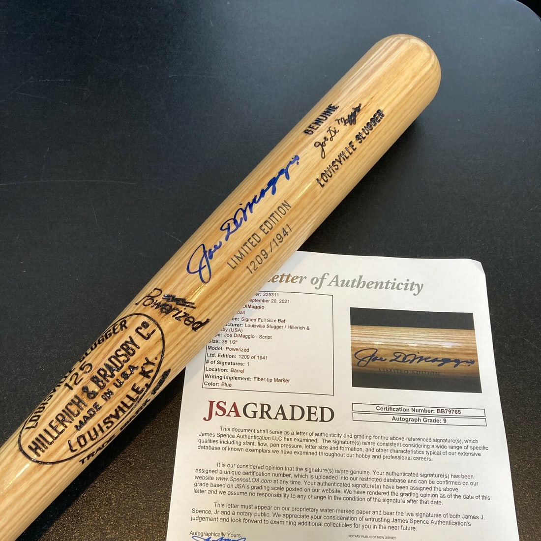 Joe DiMaggio Autographed Game Model Bat JSA Certified Mint 9 Grade: Joe DiMaggio Autographed Game Model Bat JSA Certified Mint 9 Grade This is an original game model baseball bat signed by Joe DiMaggio. The autograph has been authenticated by James Spence Authenticati