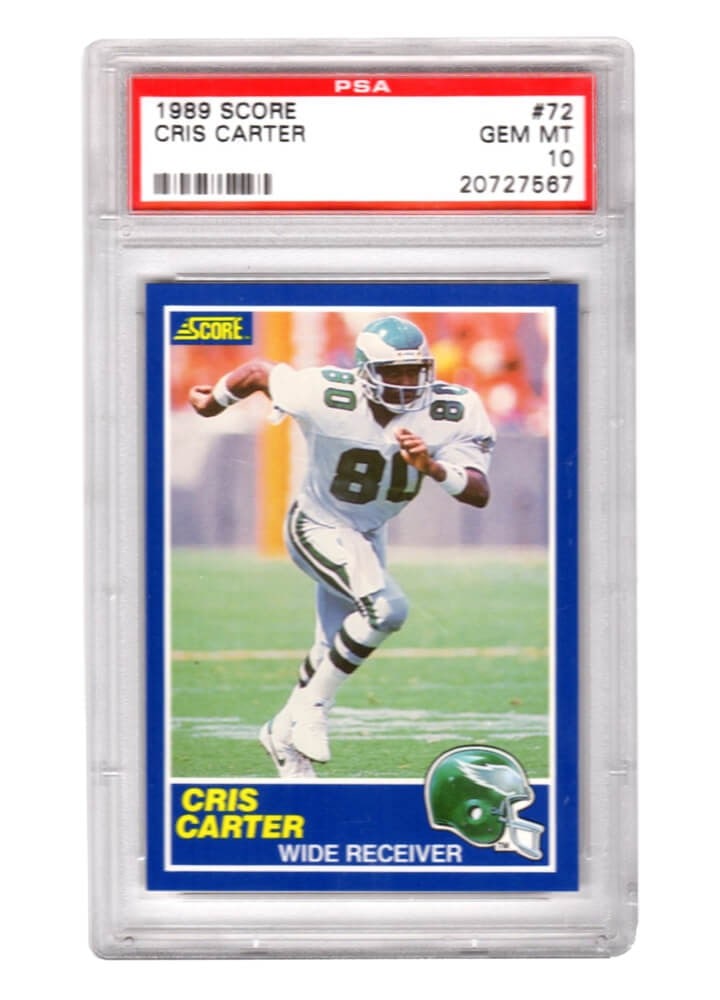 Cris Carter 1989 Score Football RC #72 PSA 10 Gem Mint Eagles: Cris Carter 1989 Score Football RC #72 PSA 10 Gem Mint Eagles This Cris Carter rookie card from the 1989 Score Football set is a must-have for any football card collector. Encapsulated and graded Gem 
