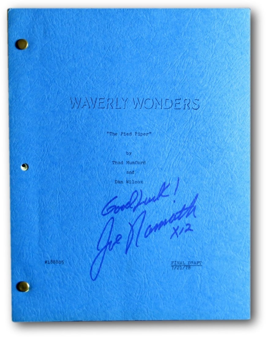 Joe Namath Autographed Waverly Wonders TV Script JSA Authenticated: Joe Namath Autographed Waverly Wonders TV Script JSA Authenticated This collectible item features an original TV script from the Waverly Wonders, signed by legendary football player Joe Namath. The au