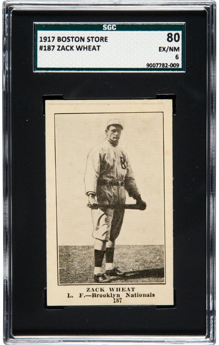 Zach Wheat 1917 Boston Store Card SGC 80 EX NM Brooklyn Superbas: Zach Wheat 1917 Boston Store Card SGC 80 EX NM Brooklyn Superbas This is a 1917 Boston Store baseball card featuring Zach Wheat, who played for the Brooklyn Superbas during the 1917 Major League Baseb