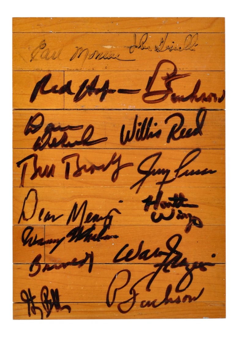 1972-73 New York Knicks Signed Game Used Floorboard PSA DNA COA: 1972-73 New York Knicks Signed Game Used Floorboard PSA DNA COA This unique collectible features an 8.5-by-12-inch game-used floorboard signed in black marker by the legendary 1972-73 NBA champion New