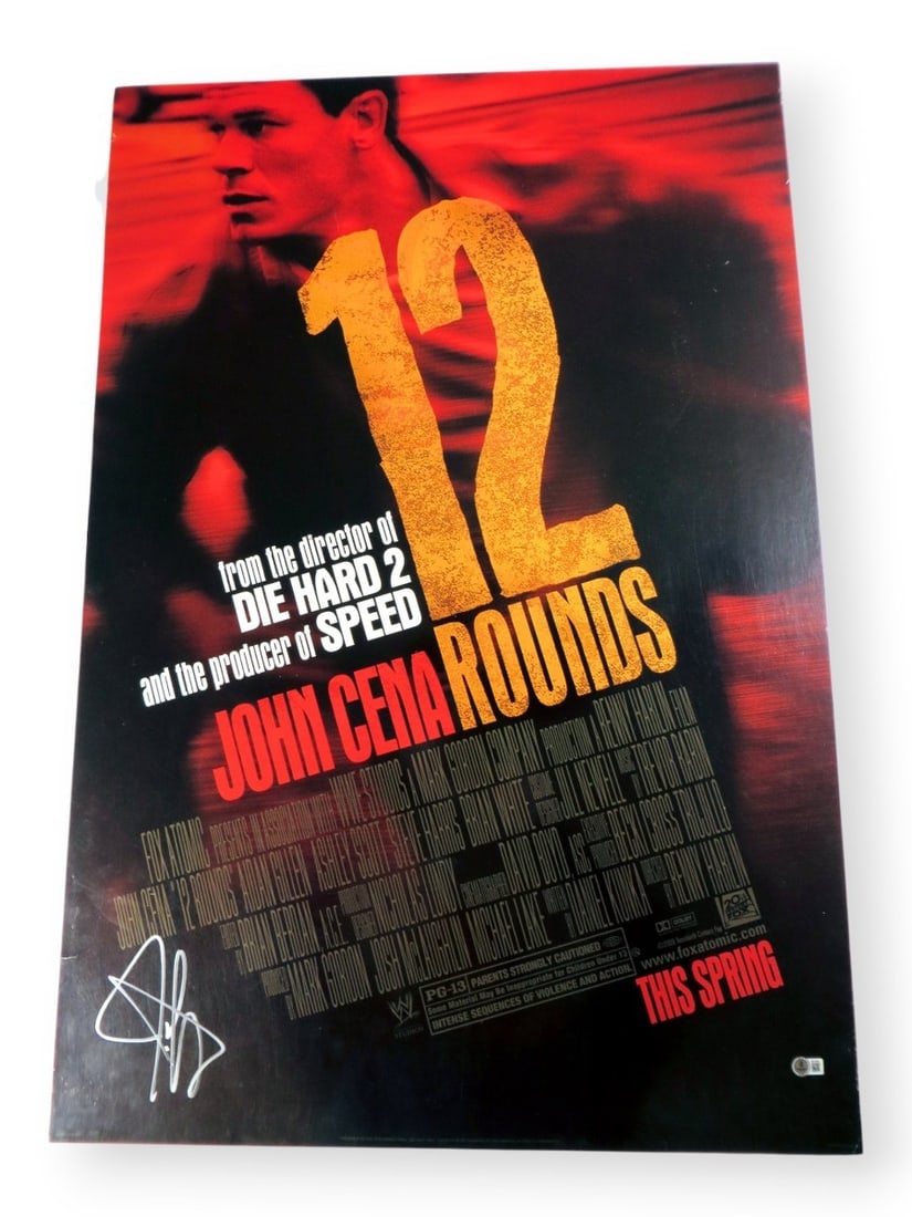 John Cena Autographed 27x40 Movie Poster 12 Rounds Beckett Authenticated: John Cena Autographed 27x40 Movie Poster 12 Rounds Beckett Authenticated This is an original 27x40 movie poster of '12 Rounds' signed by professional wrestler and actor John Cena. The signature has be