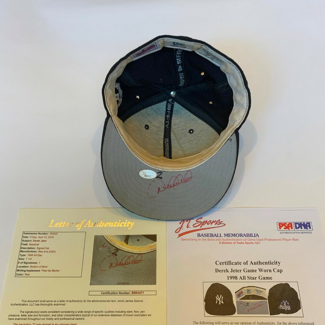 Derek Jeter Signed Game Used Hat 1998 All Star Game PSA JSA COA: Derek Jeter Signed Game Used Hat 1998 All Star Game PSA JSA COA This historic Derek Jeter signed game-used hat is from his first All-Star Game appearance on July 7, 1998, at Coors Field in Denver. The
