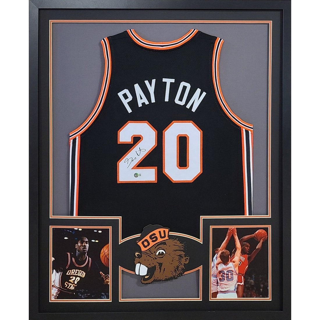 Gary Payton Autographed Framed Jersey OSU Beckett Certified: Gary Payton Autographed Framed Jersey OSU Beckett Certified This framed jersey features the iconic autograph of Gary Payton, a celebrated basketball player. Authenticated by Beckett, renowned for its 