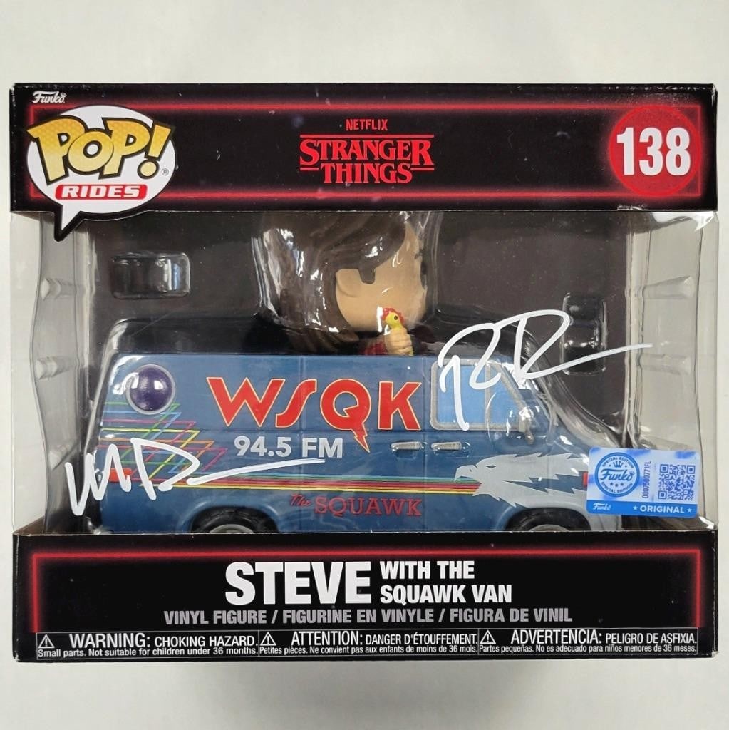 Funko Pop 138 Steve Squawk Van signed by Ross and Matt Duffer JSA authenticated: Funko Pop 138 Steve Squawk Van signed by Ross and Matt Duffer JSA authenticated This original Funko Pop 138 figure features Steve with the Squawk Van from the Stranger Things series. The figure is sig