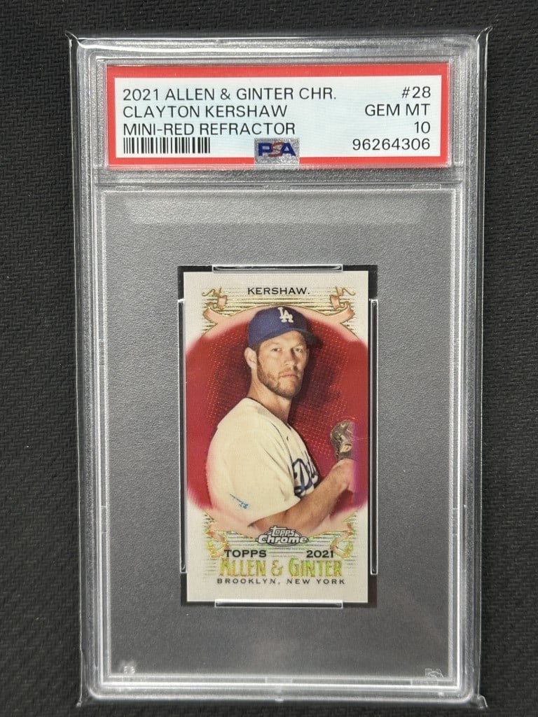 Clayton Kershaw 2021 Allen & Ginter Mini Red Refractor PSA 10 #28: Clayton Kershaw 2021 Allen & Ginter Mini Red Refractor PSA 10 #28 This is a highly collectible Clayton Kershaw 2021 Allen & Ginter Chrome Mini Red Refractor baseball card, graded a perfect PSA 10. It 