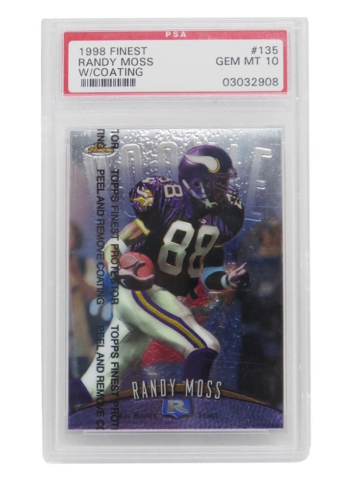 Randy Moss 1998 Topps Finest Rookie Card PSA 10 Gem Mint #135: Randy Moss 1998 Topps Finest Rookie Card PSA 10 Gem Mint #135 This listing features a Randy Moss 1998 Topps Finest #135 rookie card, encapsulated and graded Gem Mint 10 by Professional Sports Authenti