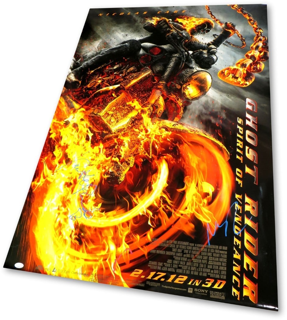 Nicolas Cage Violante Placido Signed Ghost Rider 27x40 Poster JSA: Nicolas Cage Violante Placido Signed Ghost Rider 27x40 Poster JSA This striking 27" x 40" poster features the autographs of Nicolas Cage and Violante Placido, capturing a moment from the iconic film "