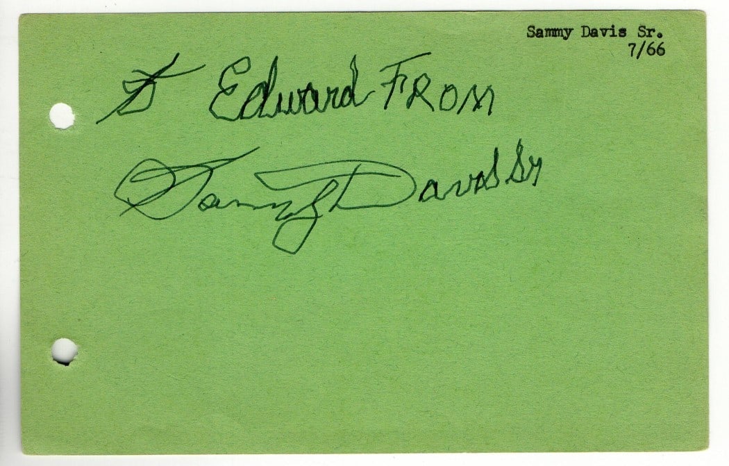 Sammy Davis Sr. 1966 Signed Cut Signature Beckett Authenticated 4x6: Sammy Davis Sr. 1966 Signed Cut Signature Beckett Authenticated 4x6 This is an original cut signature autographed by legendary dancer Sammy Davis Sr. The signature is authenticated by Beckett Authenti