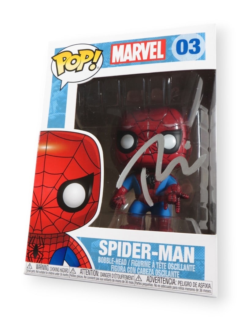 Spider-Man Funko POP Figure Signed by Tobey Maguire Beckett Authenticated: Spider-Man Funko POP Figure Signed by Tobey Maguire Beckett Authenticated This Funko POP! Figure features Spider-Man from Marvel and has been autographed by Tobey Maguire. The signature has been authe