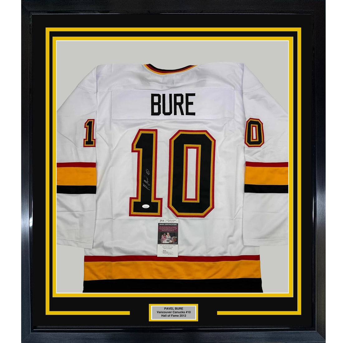 Framed Pavel Bure Autographed Vancouver Canucks Jersey JSA COA 35x39: Framed Pavel Bure Autographed Vancouver Canucks Jersey JSA COA 35x39 Celebrate the legacy of NHL star Pavel Bure with this professionally framed and autographed Vancouver Canucks hockey jersey. Measur