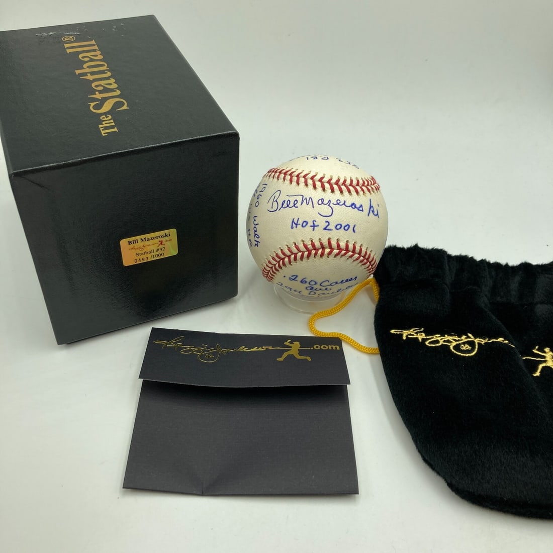 Bill Mazeroski Signed Official MLB Baseball with Reggie Jackson COA: Bill Mazeroski Signed Official MLB Baseball with Reggie Jackson COA This is an original Bill Mazeroski signed baseball featuring heavy inscriptions of his career statistics. The ball is an Official Ma