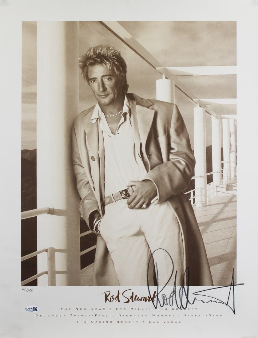 Rod Stewart Autographed 18x24 Limited Edition 1999 NYE Concert Poster JSA COA: Rod Stewart Autographed 18x24 Limited Edition 1999 NYE Concert Poster JSA COA This limited edition 18x24 concert poster commemorates Rod Stewart's New Year's Eve 1999 performance at the Rio Casino. Pe