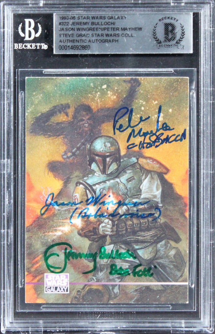 1993 Star Wars Galaxy Card Signed by Bulloch Wingreen Mayhew BAS Authenticated: 1993 Star Wars Galaxy Card Signed by Bulloch Wingreen Mayhew BAS Authenticated This is an original 1993 Star Wars Galaxy #322 trading card that has been personally signed by Jeremy Bulloch, Jason Wing