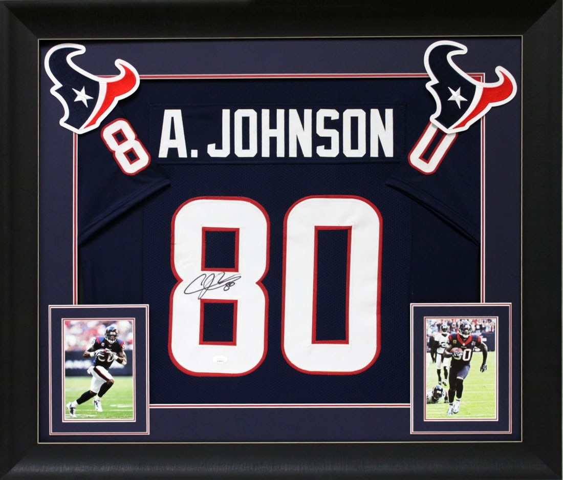 Framed Houston Texans Jersey Signed by Andre Johnson with Beckett Authentication: Framed Houston Texans Jersey Signed by Andre Johnson with Beckett Authentication This professionally framed navy blue pro style jersey has been personally signed by Andre Johnson of the Houston Texans