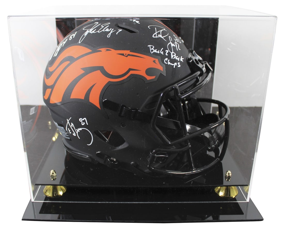 Denver Broncos Signed Eclipse Helmet Elway Sharpe McCaffrey Smith BAS Authenticated: Denver Broncos Signed Eclipse Helmet Elway Sharpe McCaffrey Smith BAS Authenticated This autographed Denver Broncos Eclipse Full Size Speed Proline Helmet features the signatures of four iconic player