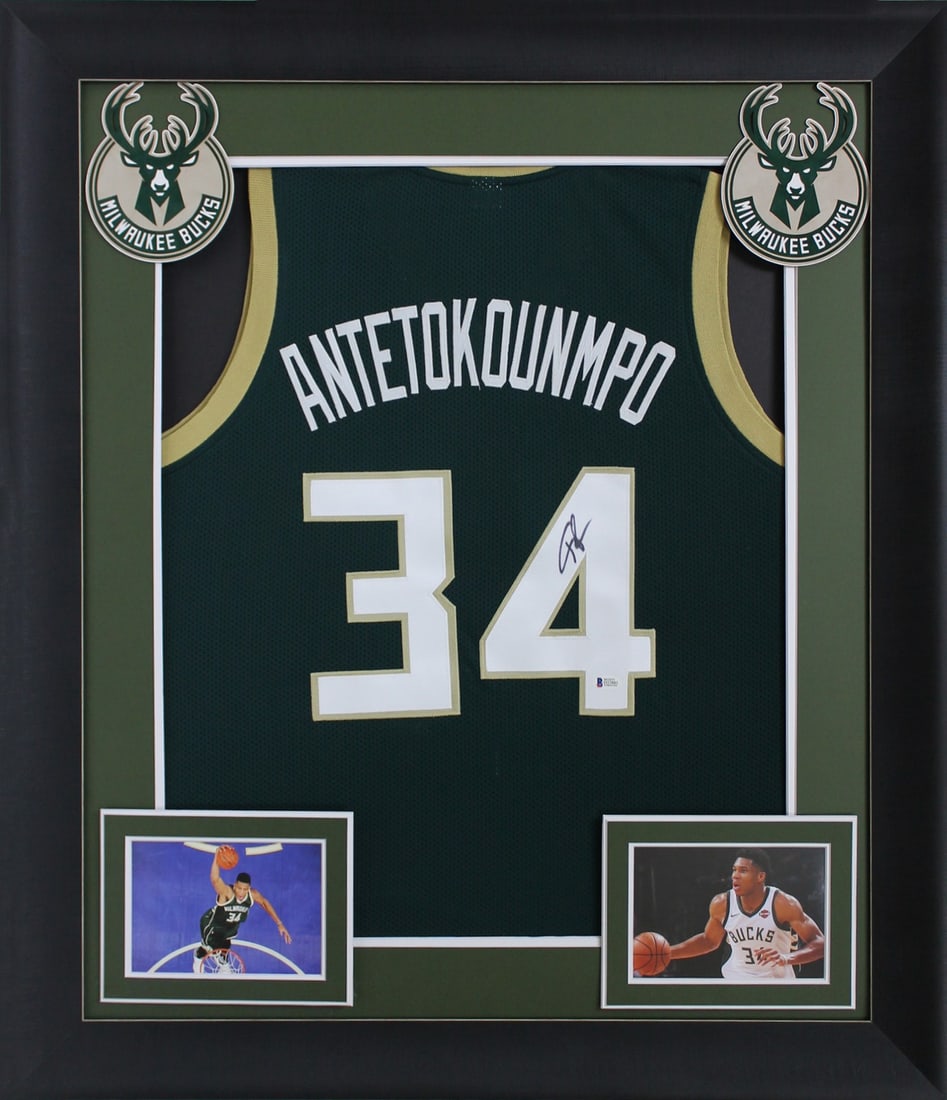 Giannis Antetokounmpo Signed Framed Green Jersey BAS Authenticated: Giannis Antetokounmpo Signed Framed Green Jersey BAS Authenticated Celebrate the legacy of Giannis Antetokounmpo with this authentic signed green pro style framed jersey, personally autographed by the