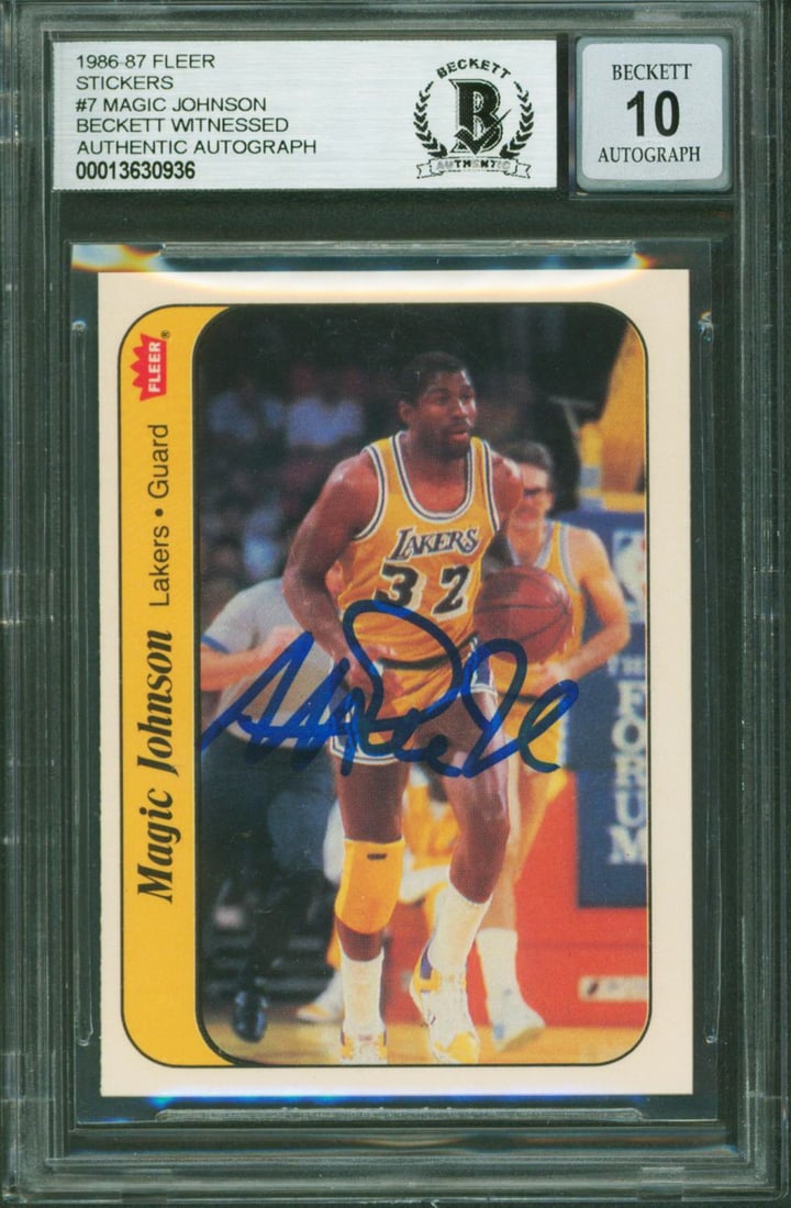 Magic Johnson autographed 1986 Fleer Stickers #7 BAS slabbed Gem Mint 10: Magic Johnson autographed 1986 Fleer Stickers #7 BAS slabbed Gem Mint 10 This is an original 1986 Fleer Stickers #7 basketball card that has been personally signed by Magic Johnson of the Los Angeles 
